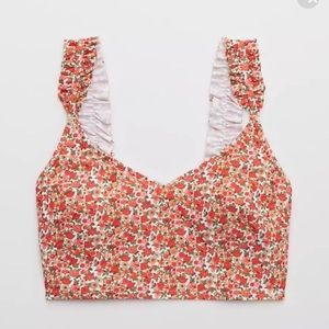 Aerie Ruffle Longline Scoop Bikini Top in Calypso Red Size Small